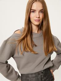 Pencere Detaylı Sweatshirt Uzun Kollu Bisiklet Yaka Pamuk Karışımlı Şardonlu