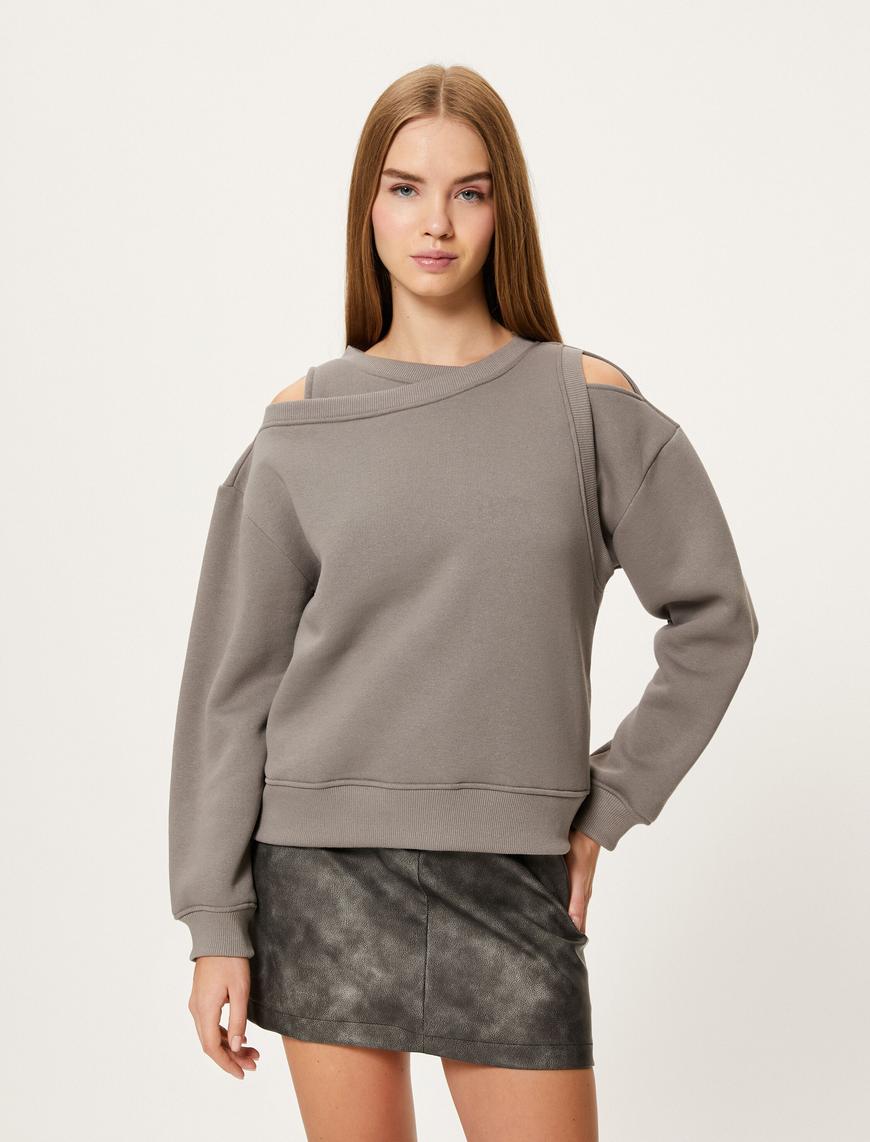   Pencere Detaylı Sweatshirt Uzun Kollu Bisiklet Yaka Pamuk Karışımlı Şardonlu