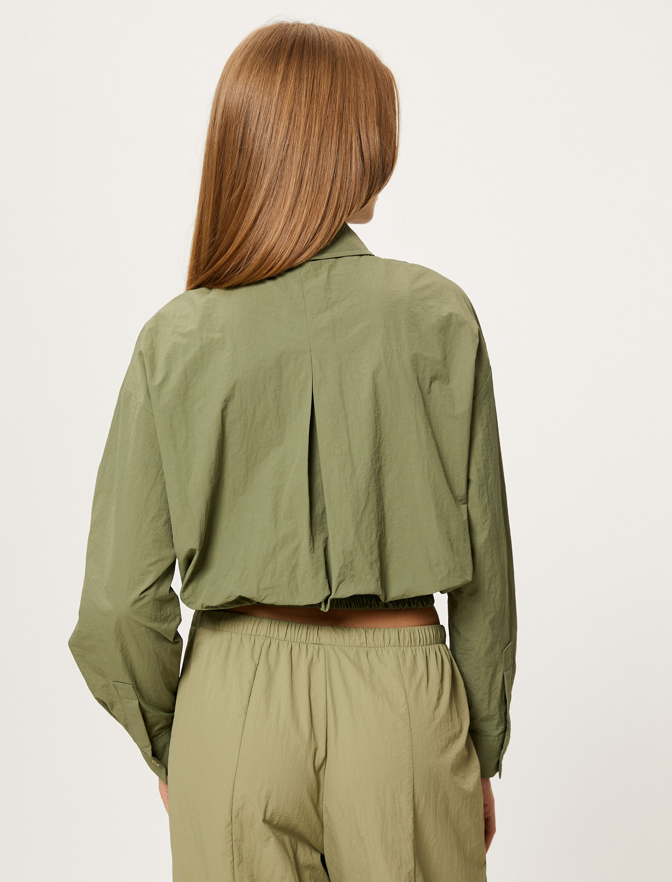   Paraşüt Kumaş Crop Gömlek Uzun Kollu Kapaklı Cep Detaylı Beli Lastikli