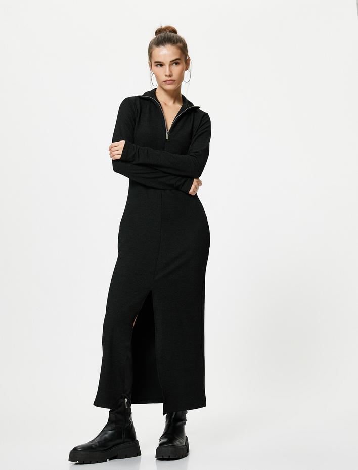  Triko Elbise Uzun Kollu Yırtmaçlı Dik Yaka Yarım Fermuarlı