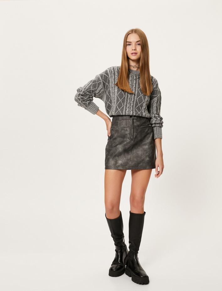  Triko Kazak Saç Örgü Detaylı Uzun Kollu Bisiklet Yaka