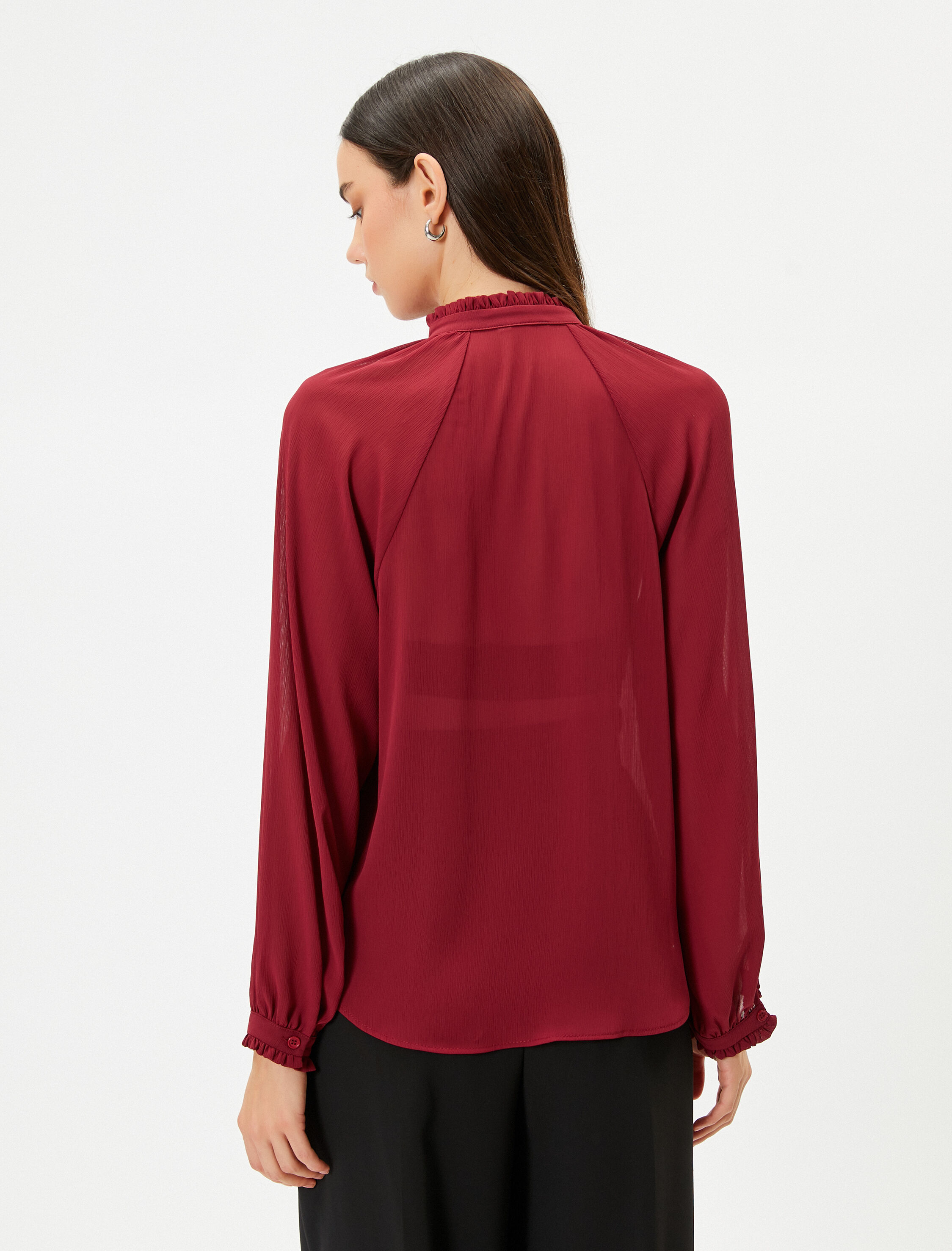   Balon Kollu Bluz Fırfırlı Yaka Pencere Detaylı Bağlamalı