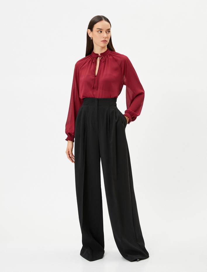  Balon Kollu Bluz Fırfırlı Yaka Pencere Detaylı Bağlamalı