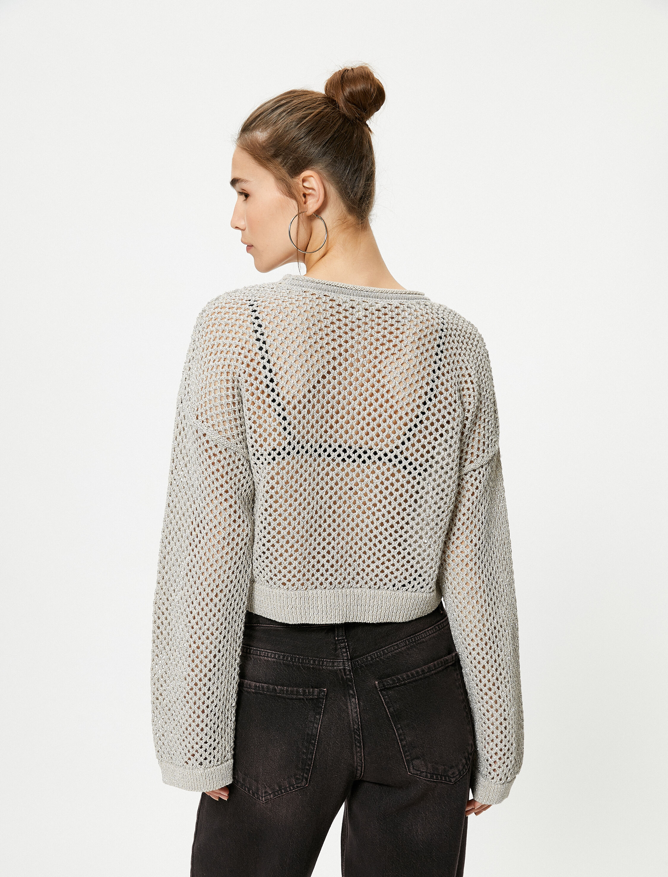   Ajurlu Triko Kazak Bisiklet Yaka Uzun Kollu Simli