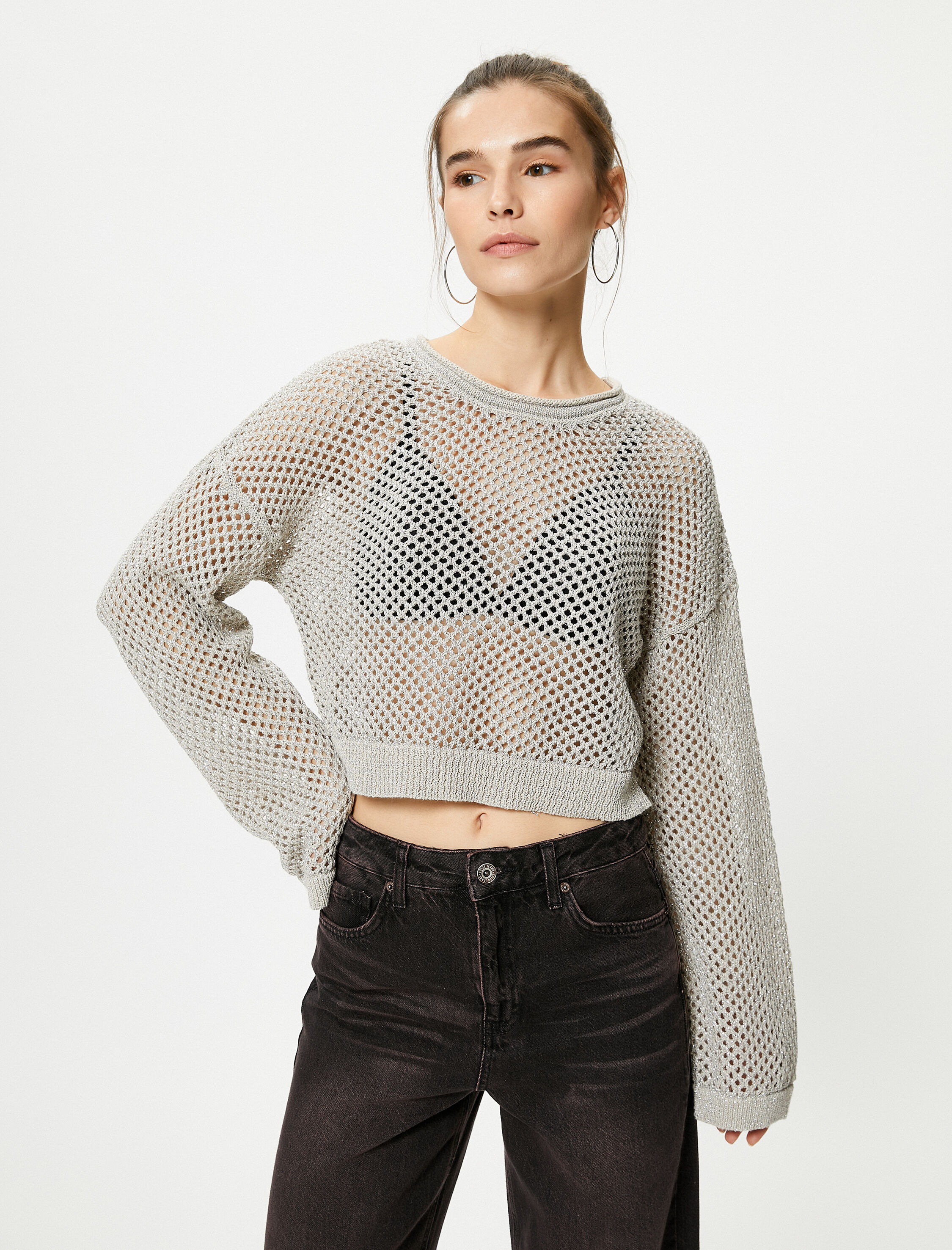   Ajurlu Triko Kazak Bisiklet Yaka Uzun Kollu Simli