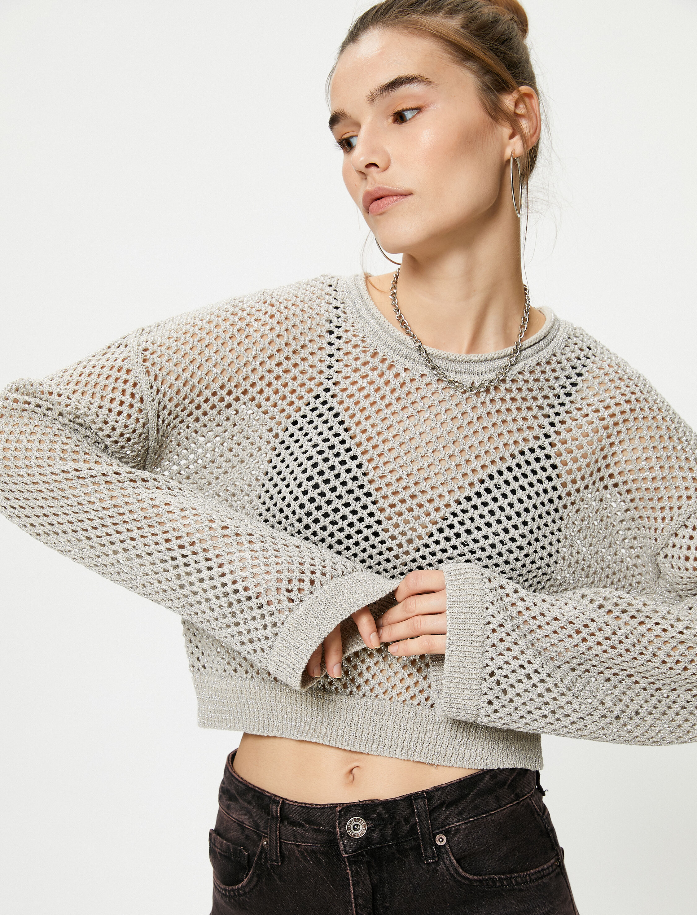   Ajurlu Triko Kazak Bisiklet Yaka Uzun Kollu Simli