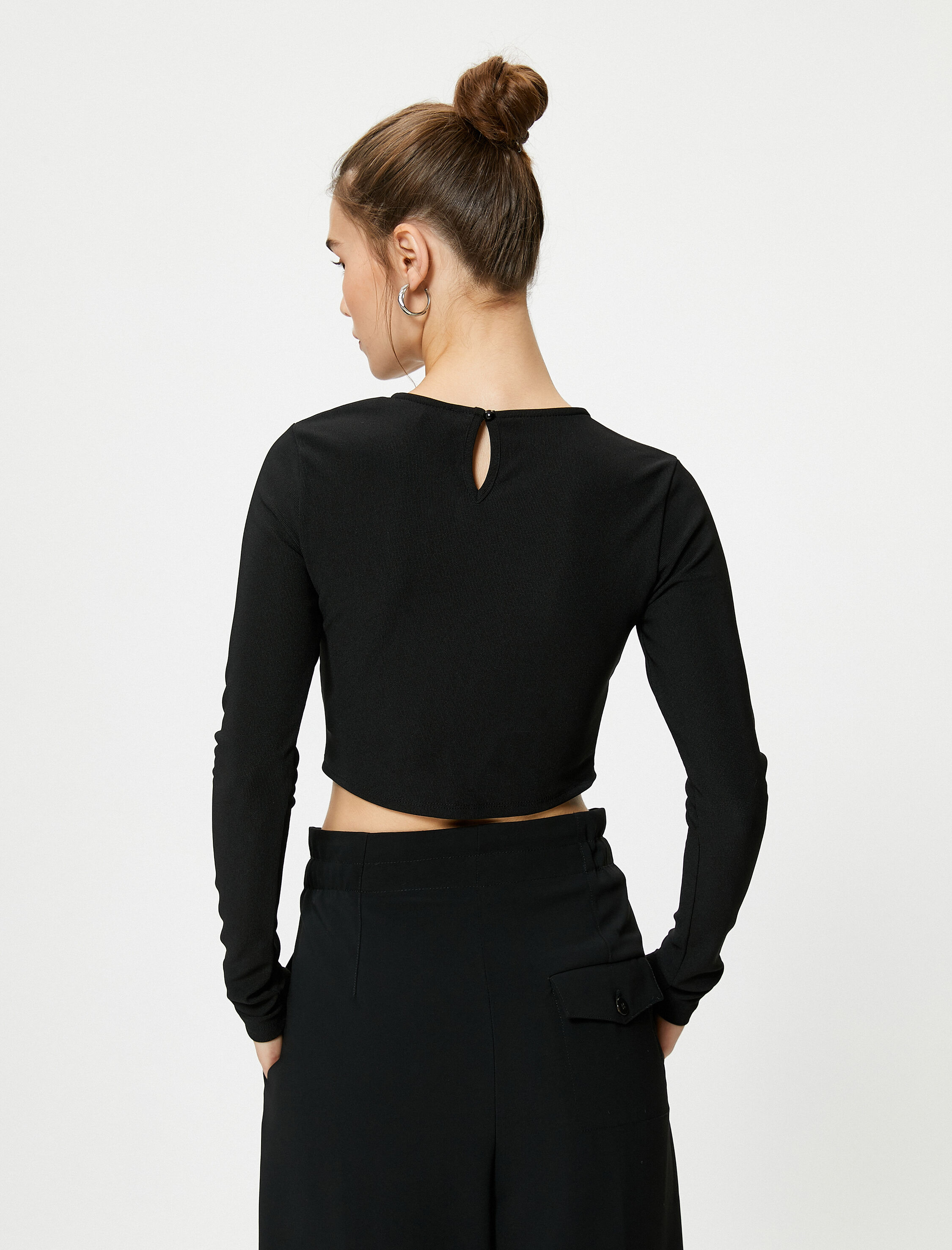   Crop Tişört Korse Detaylı Uzun Kollu Fitilli Bisiklet Yaka