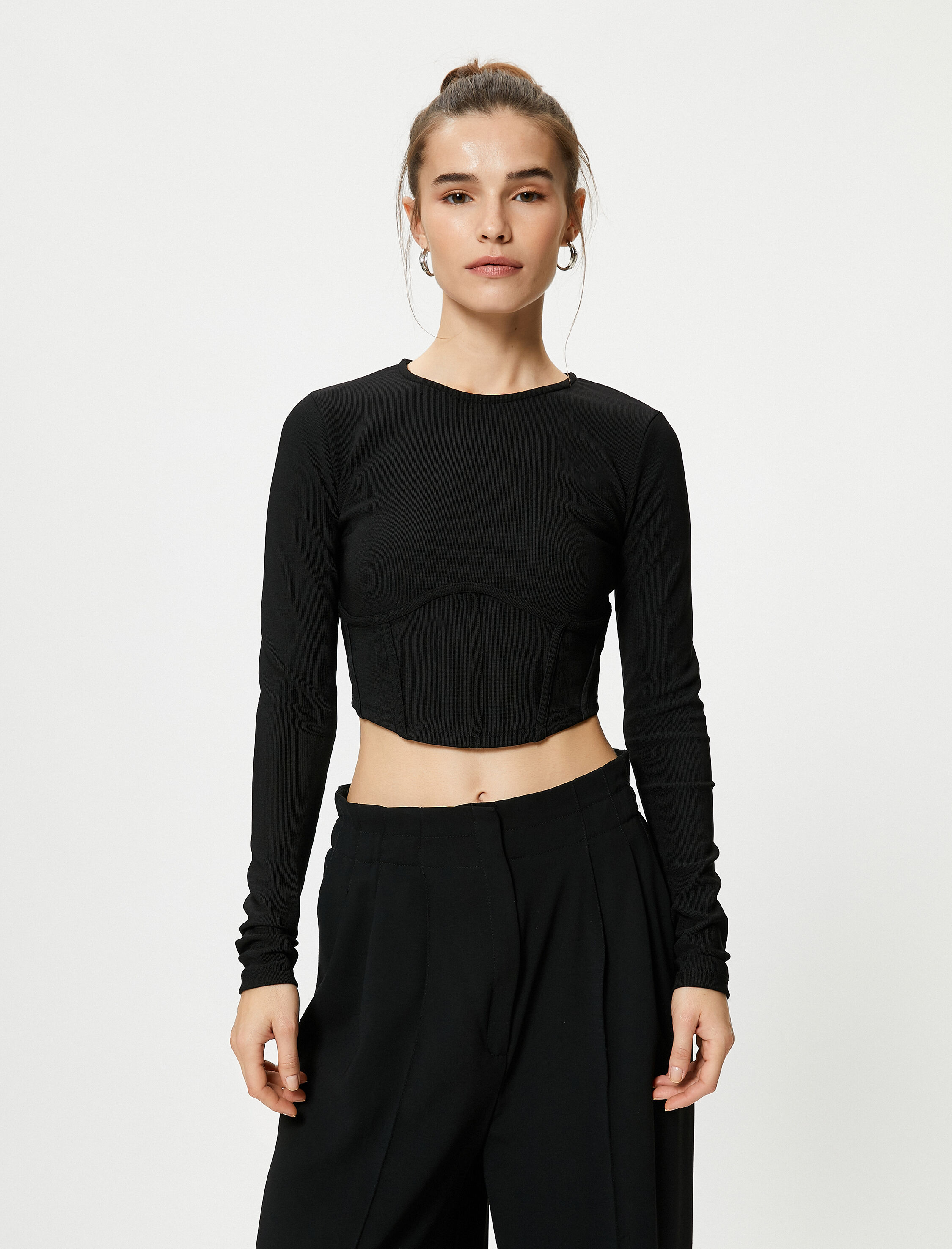   Crop Tişört Korse Detaylı Uzun Kollu Fitilli Bisiklet Yaka