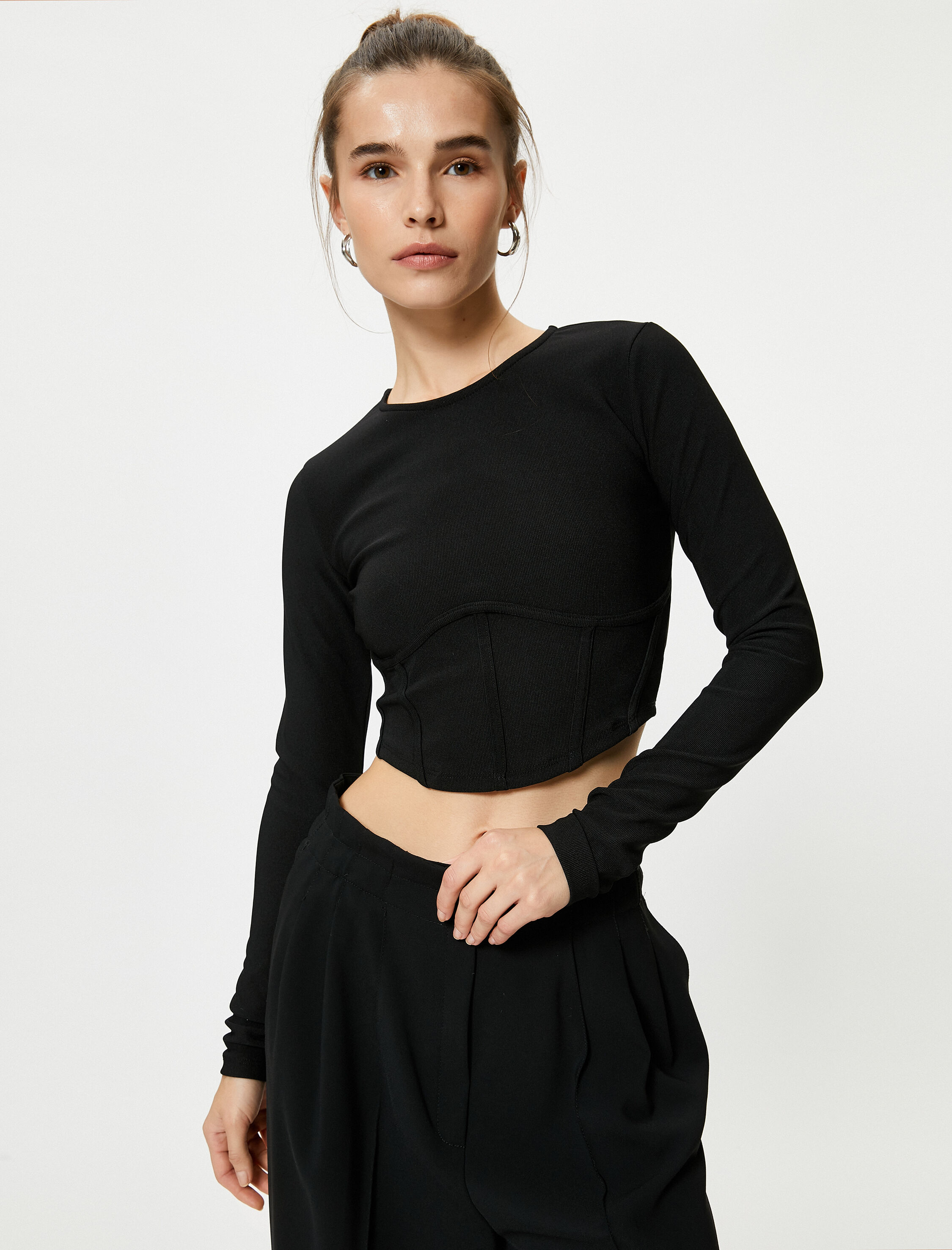   Crop Tişört Korse Detaylı Uzun Kollu Fitilli Bisiklet Yaka