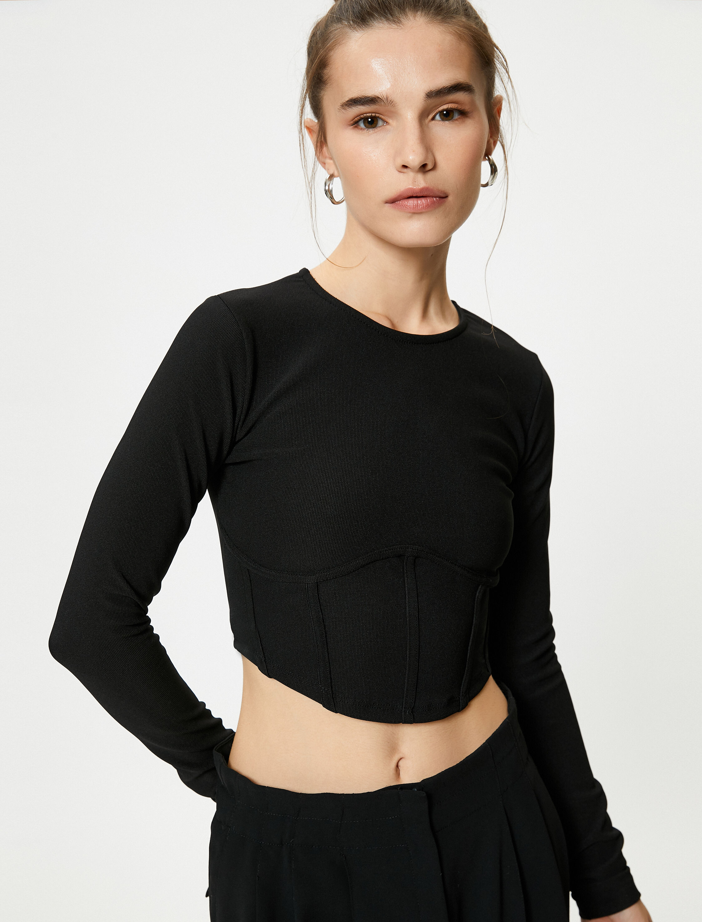   Crop Tişört Korse Detaylı Uzun Kollu Fitilli Bisiklet Yaka