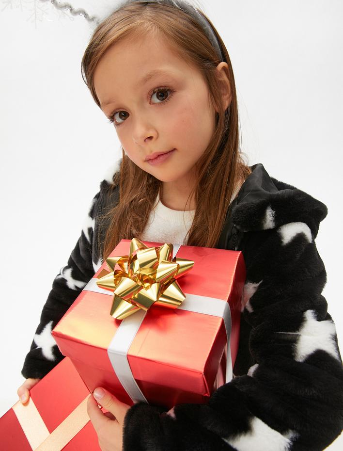 Kız Çocuk Peluş Mont Kapüşonlu Yıldız Desenli