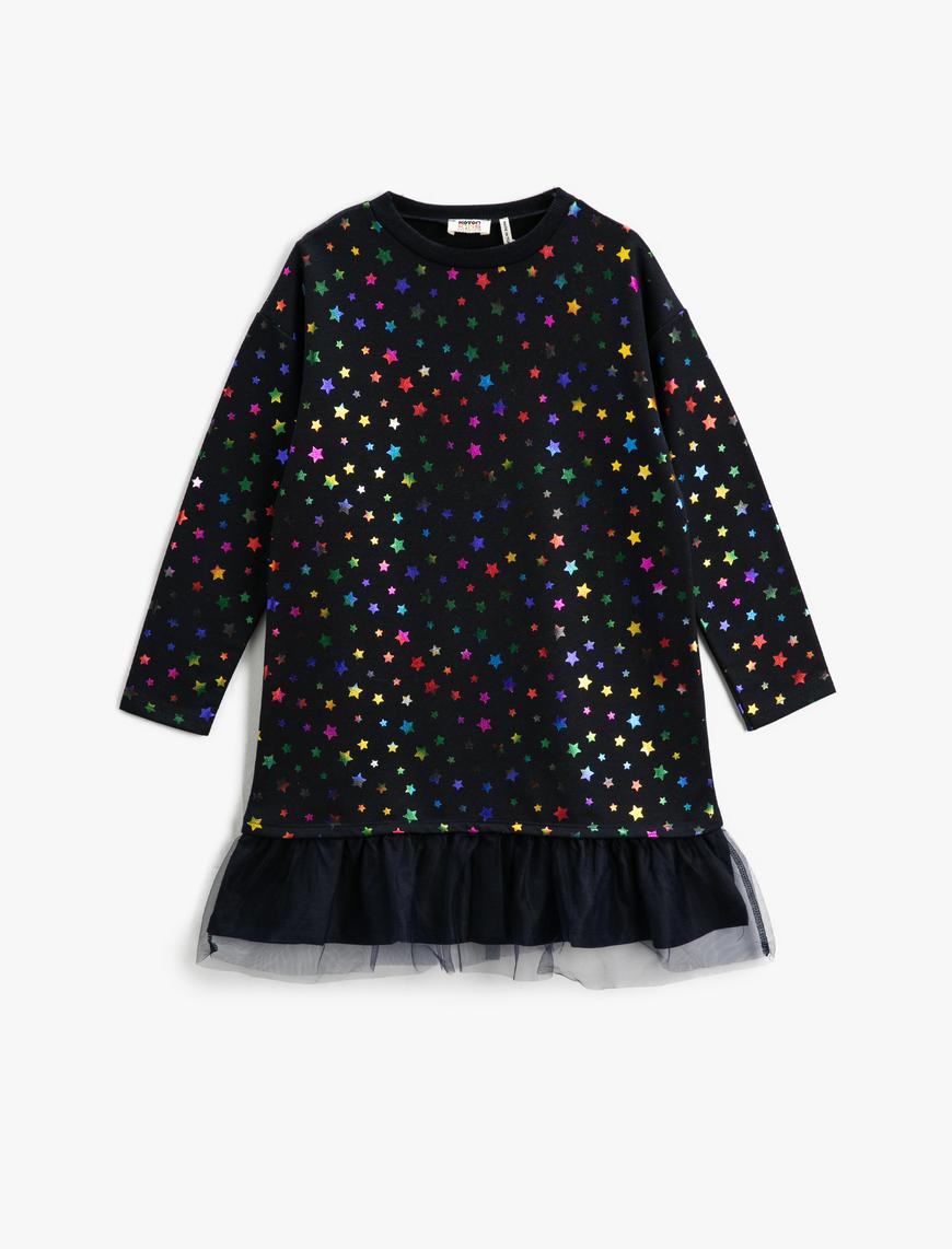  Kız Çocuk Sweat Elbise Tül Detaylı Parlak Yıldız Desenli