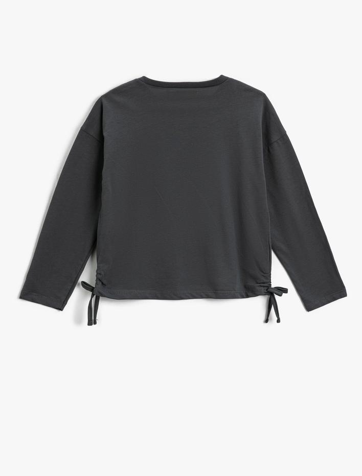 Kız Çocuk Yanları Bağlamalı Baskılı Tişört Uzun Kollu