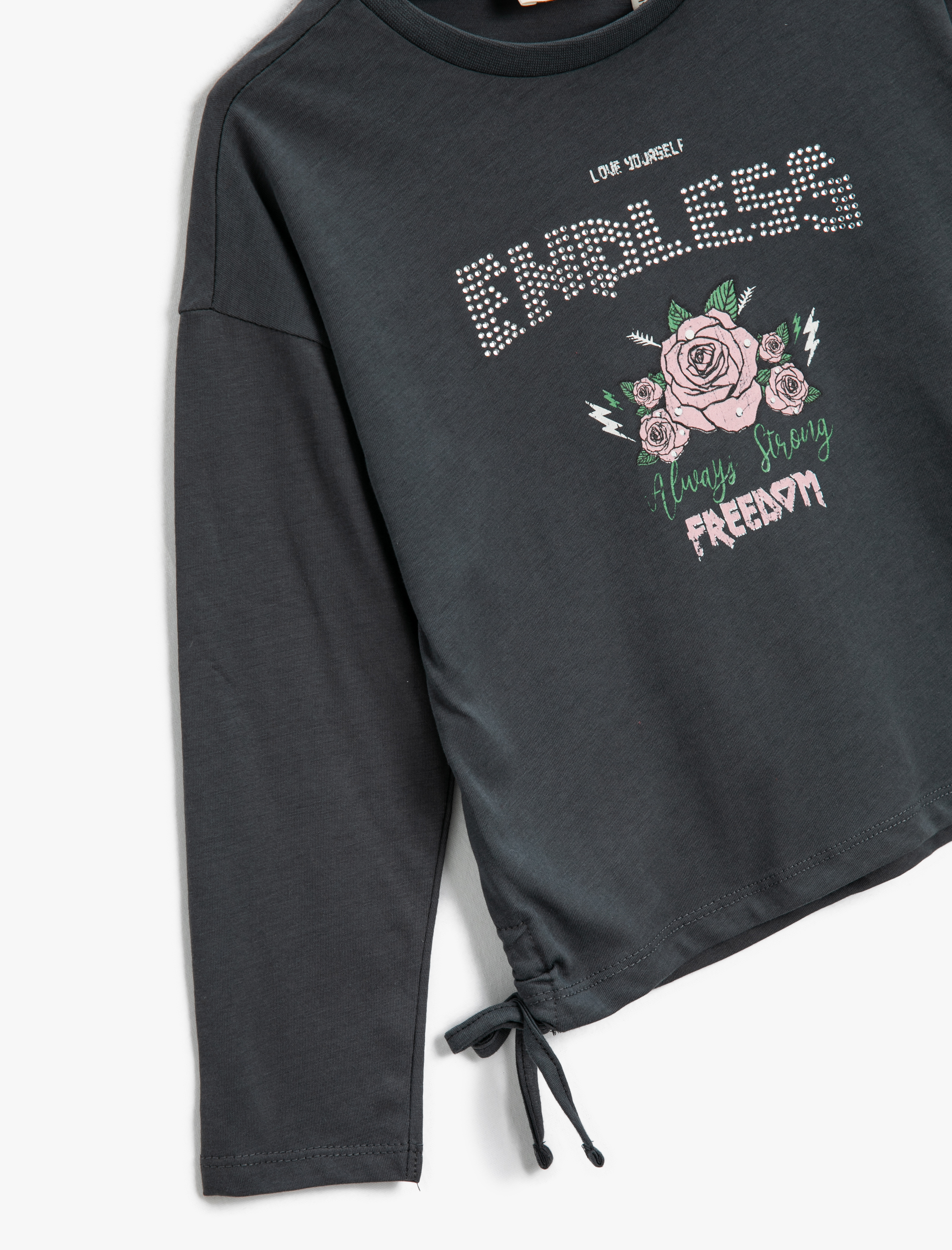  Kız Çocuk Yanları Bağlamalı Baskılı Tişört Uzun Kollu