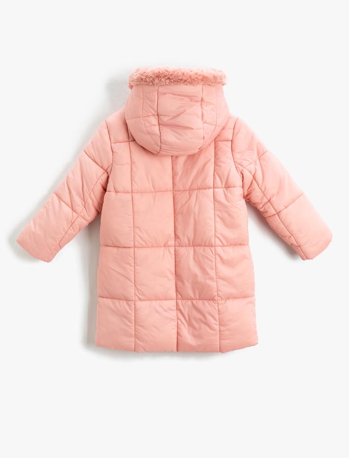 Kız Çocuk Şişme Uzun Mont Kapüşonlu Kapitone İçi Yarım Polar Astarlı