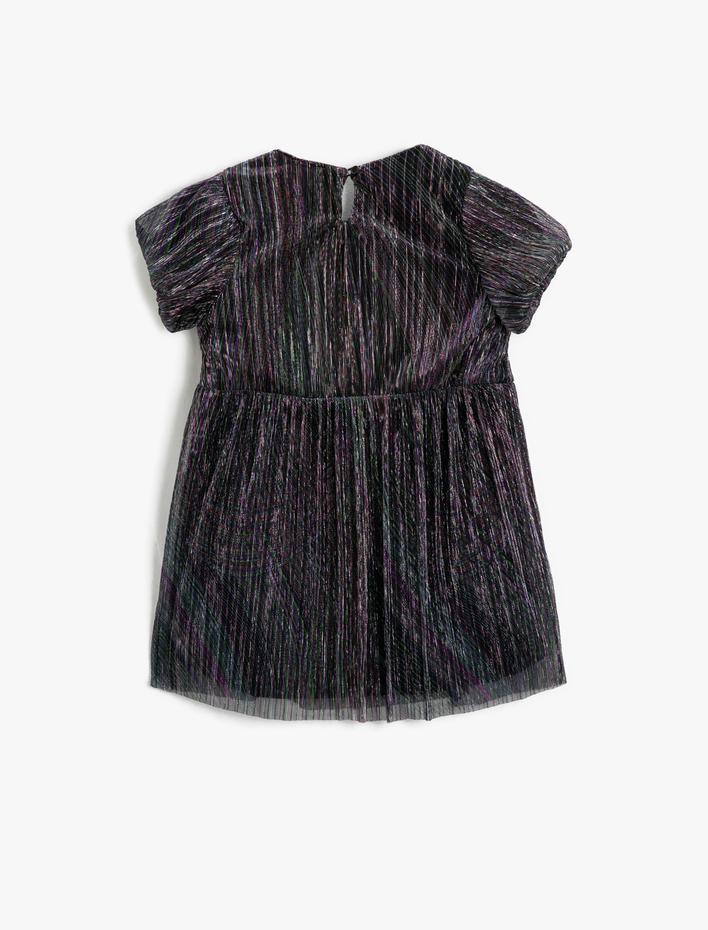 Kız Çocuk Parlak Tüllü Elbise Kısa Balon Kollu Yıldız Pul Payet İşlemeli Astarlı