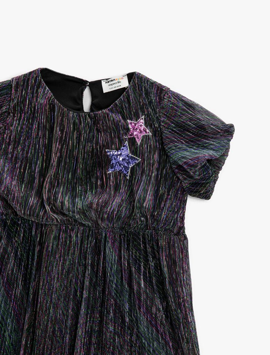  Kız Çocuk Parlak Tüllü Elbise Kısa Balon Kollu Yıldız Pul Payet İşlemeli Astarlı