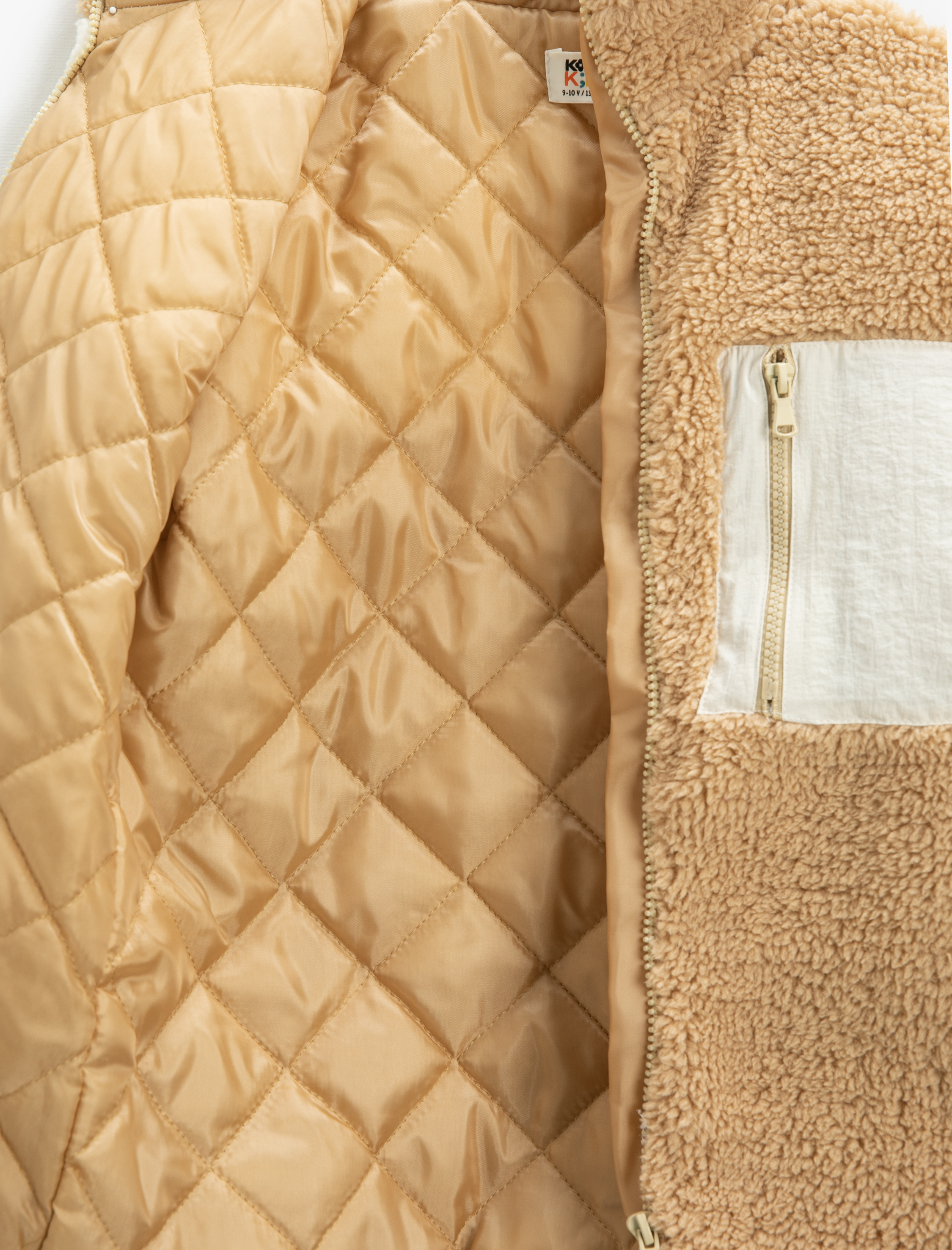  Kız Çocuk Peluş Ceket Dik Yaka Fermuarlı Cepli Renk Kontrastlı