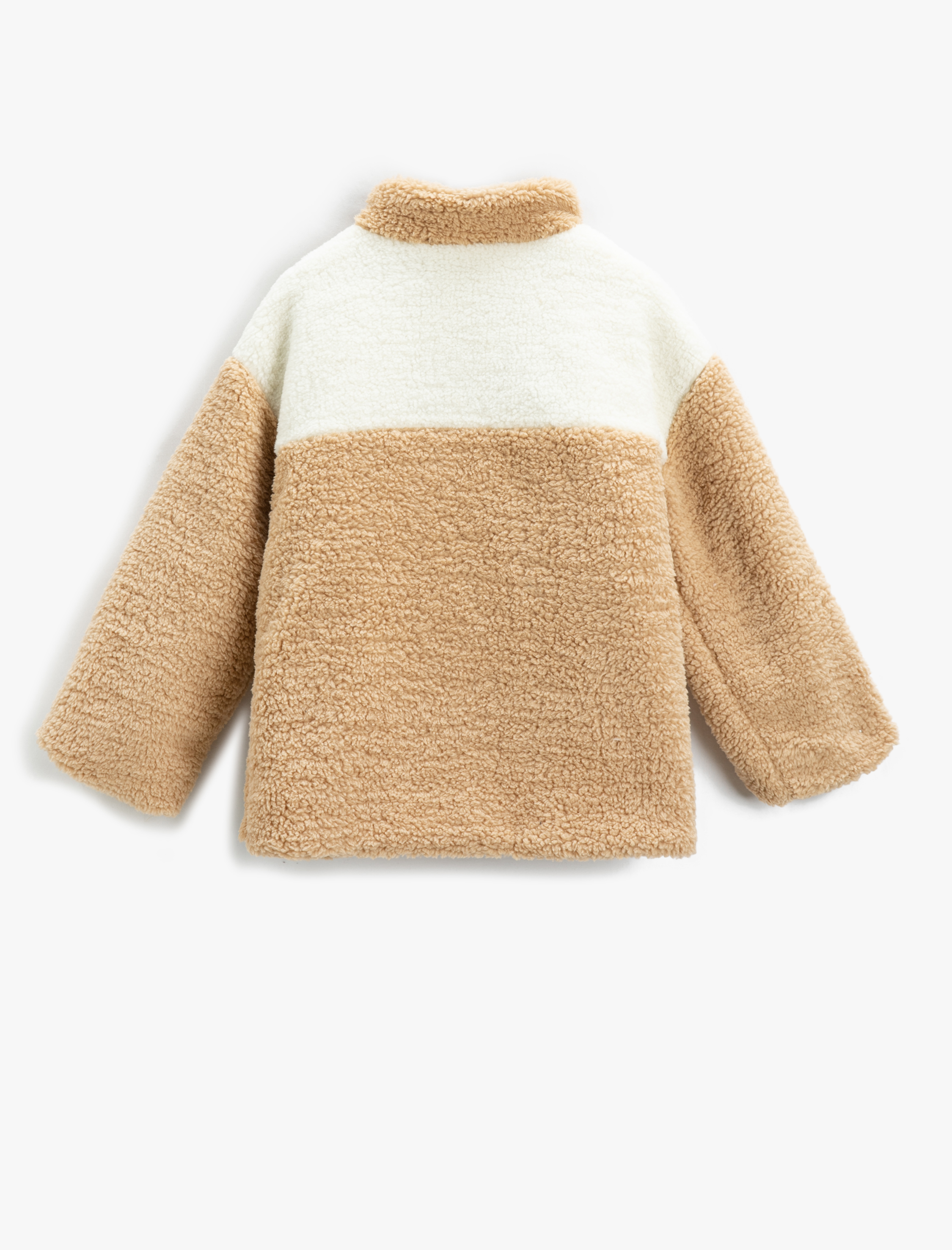  Kız Çocuk Peluş Ceket Dik Yaka Fermuarlı Cepli Renk Kontrastlı