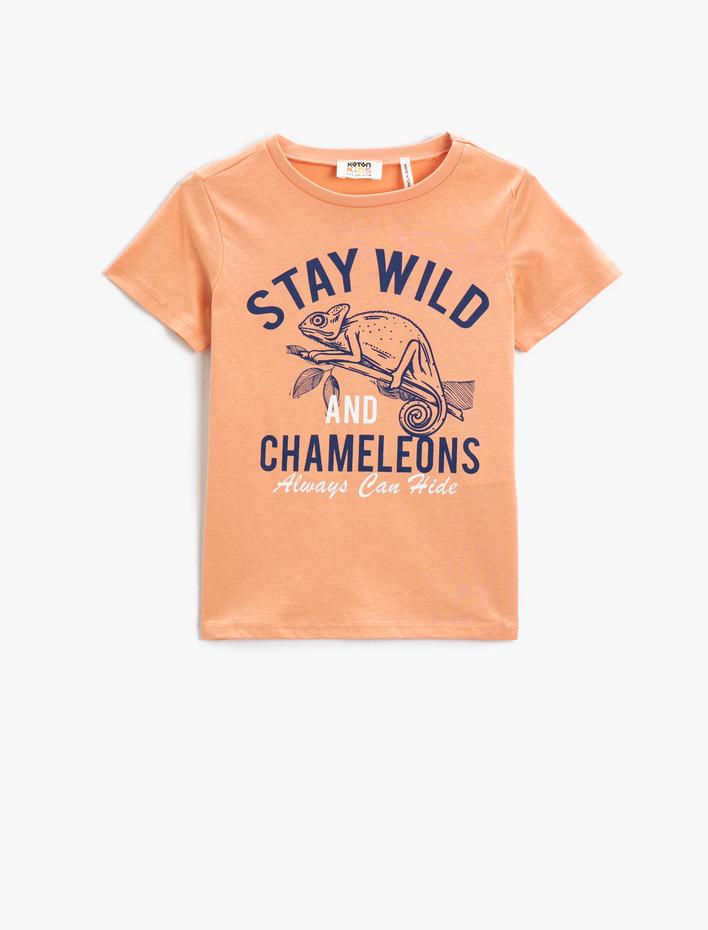 Erkek Çocuk Bukalemun Baskılı Kısa Kollu Tişört Bisiklet Yaka