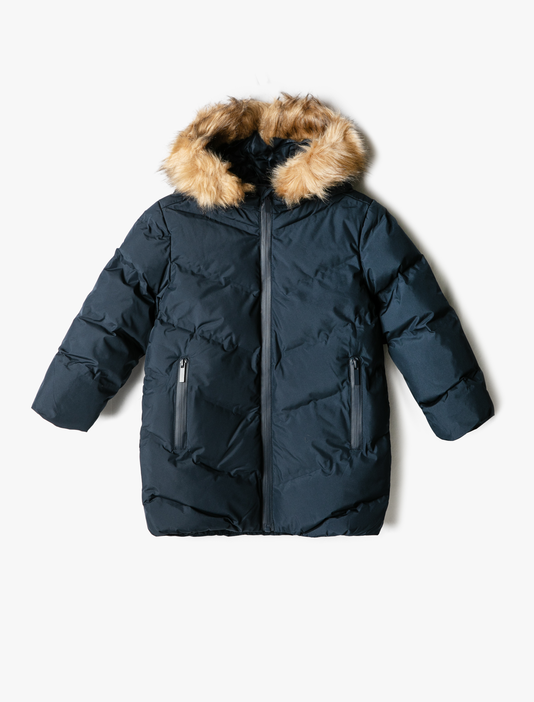  Erkek Çocuk Uzun Şişme Mont Suni Kürk Detaylı Kapşonlu Fermuarlı Cepli