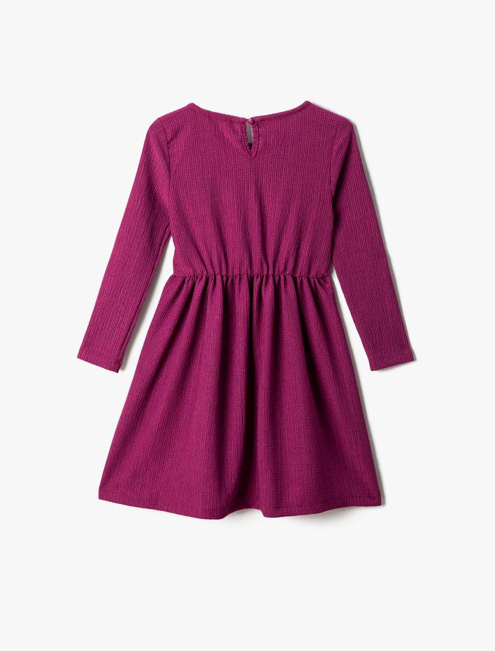 Kız Çocuk Elbise Midi Uzun Kollu Yuvarlak Yaka Beli Lastikli