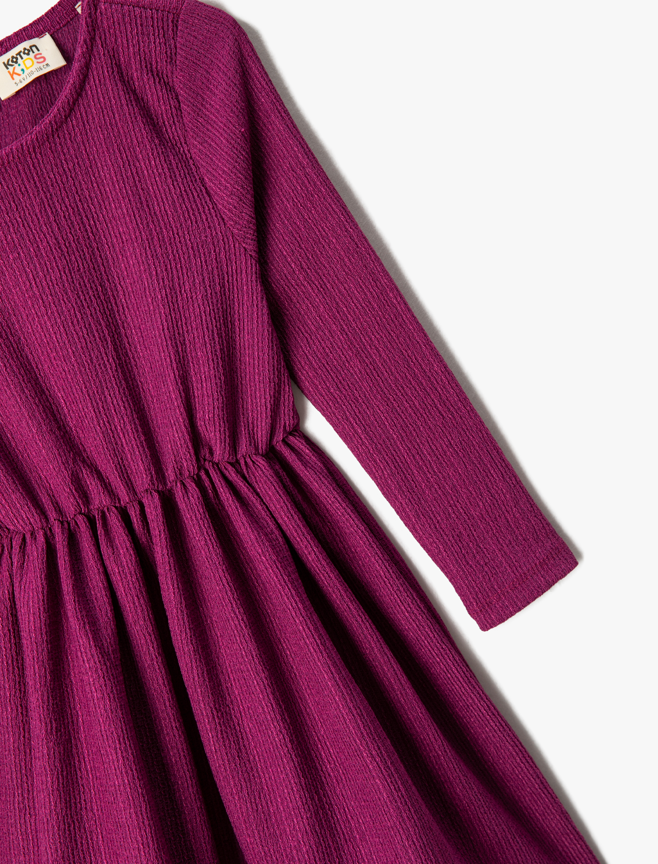  Kız Çocuk Elbise Midi Uzun Kollu Yuvarlak Yaka Beli Lastikli