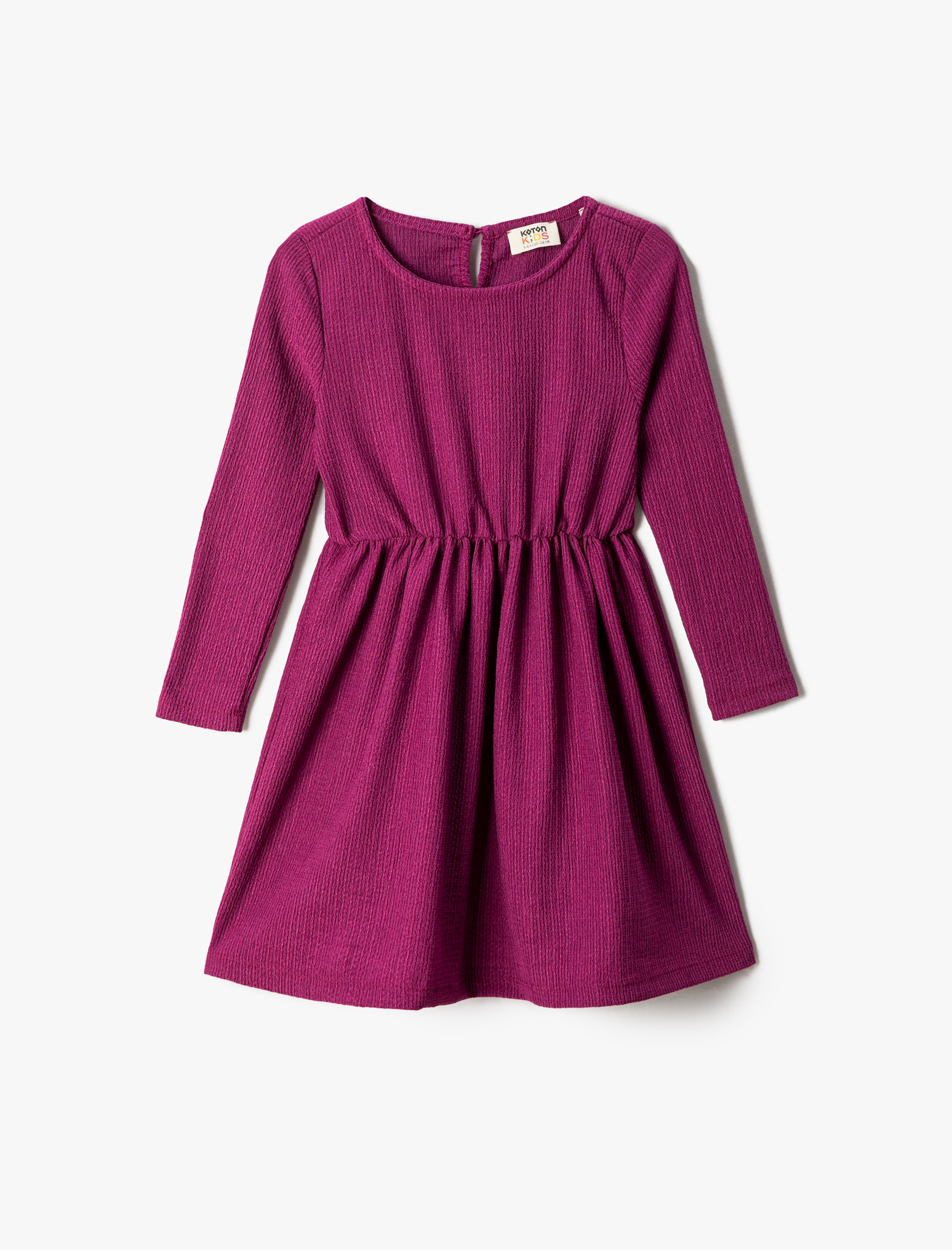  Kız Çocuk Elbise Midi Uzun Kollu Yuvarlak Yaka Beli Lastikli