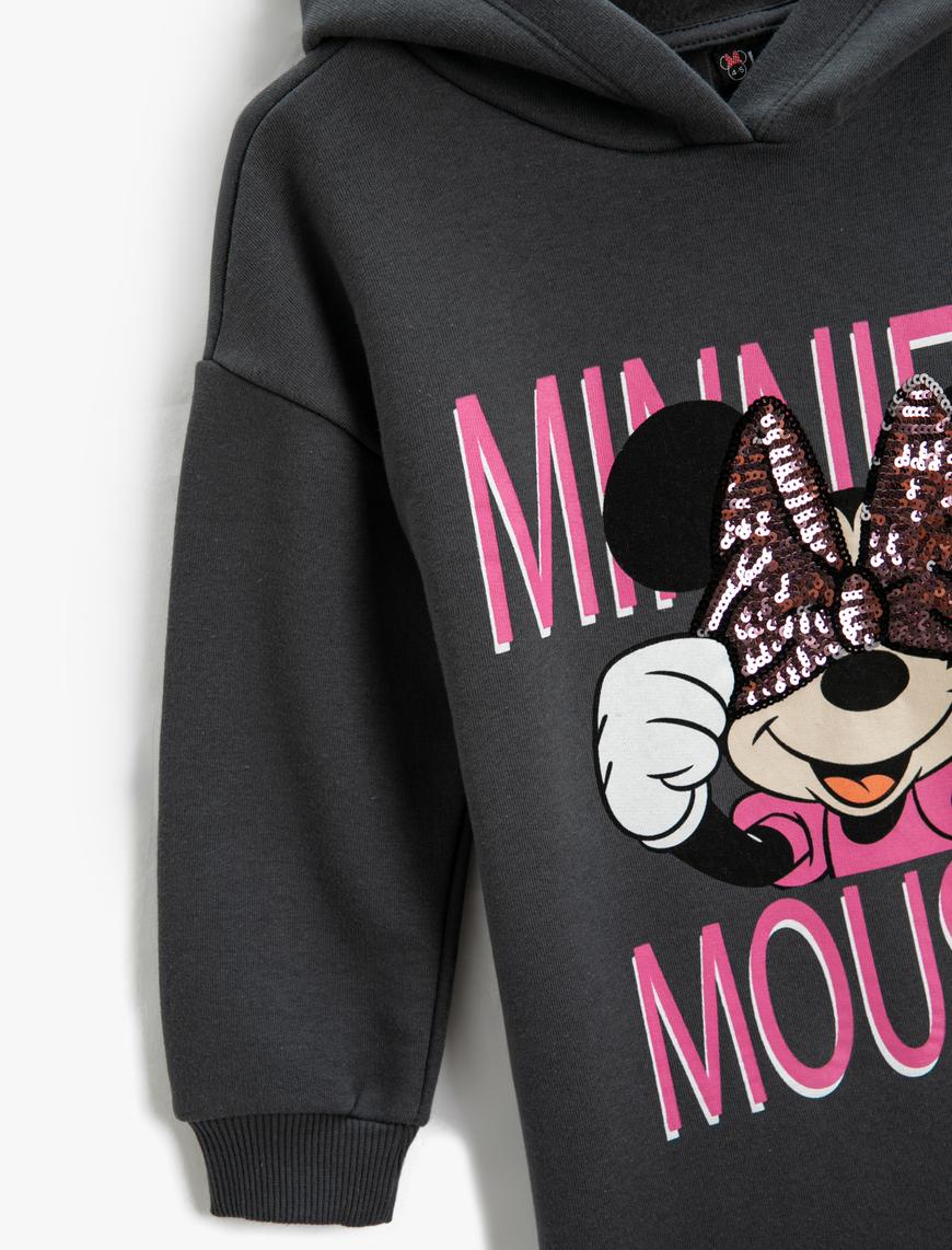  Kız Çocuk Sweat Elbise Minnie Mouse Baskılı Kapüşonlu Lisanslı Pul-Payet Detaylı