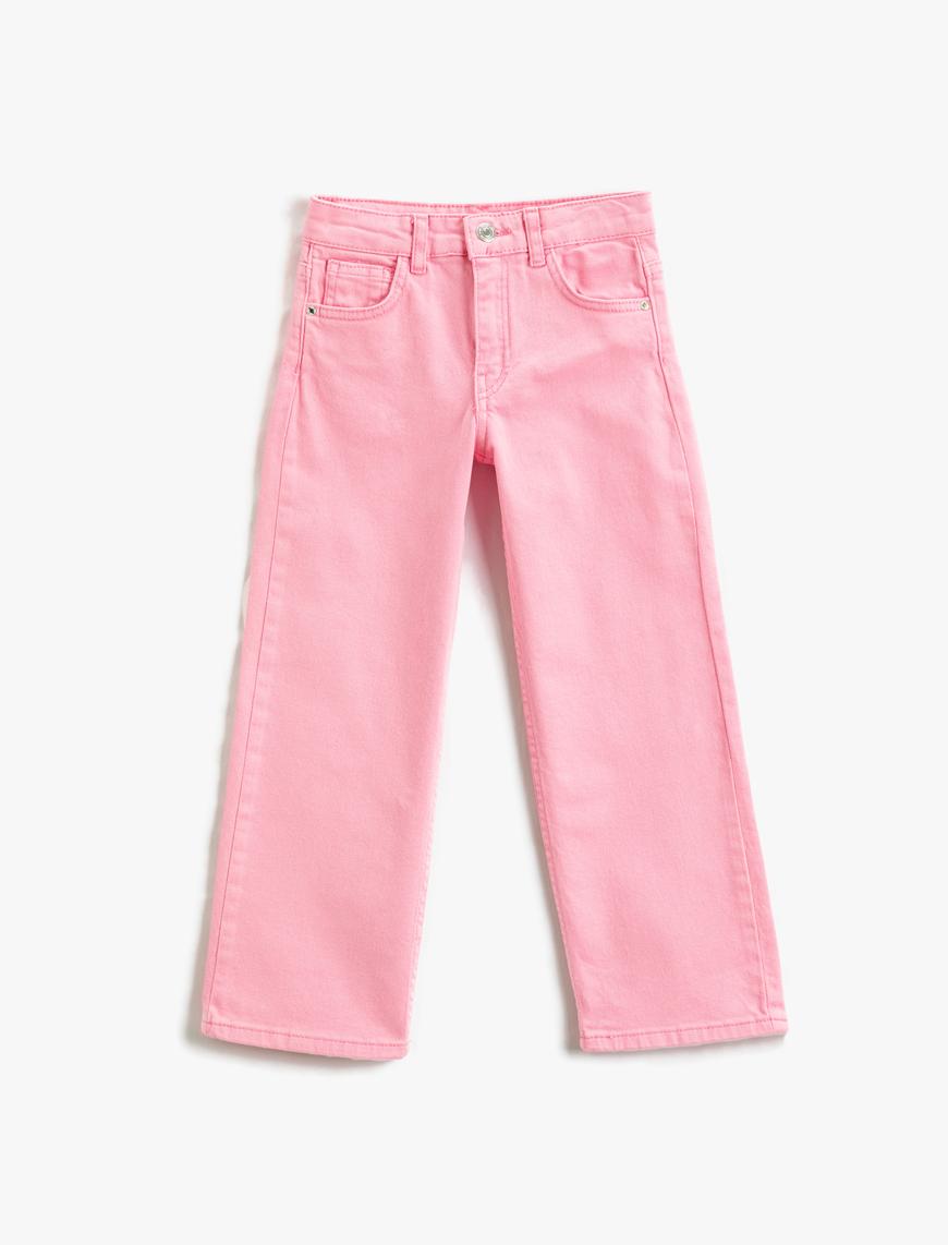  Kız Çocuk Düz Paça Cepli Rahat Kesim Kot Pantolon -  Straight Jean Beli Ayarlanabilir Lastikli