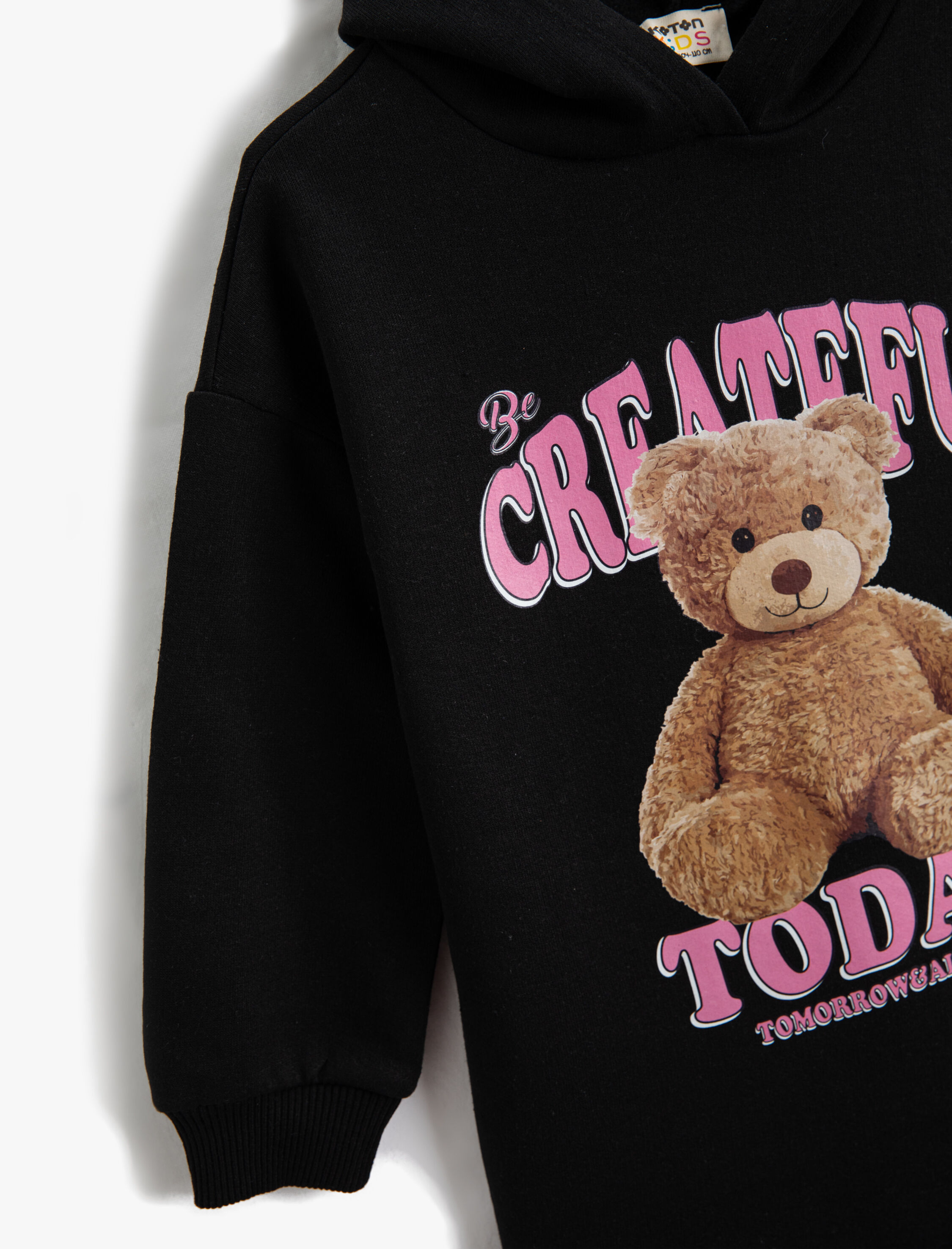  Kız Çocuk Elbise Ayıcık Baskılı Kapüşonlu Uzun Kollu