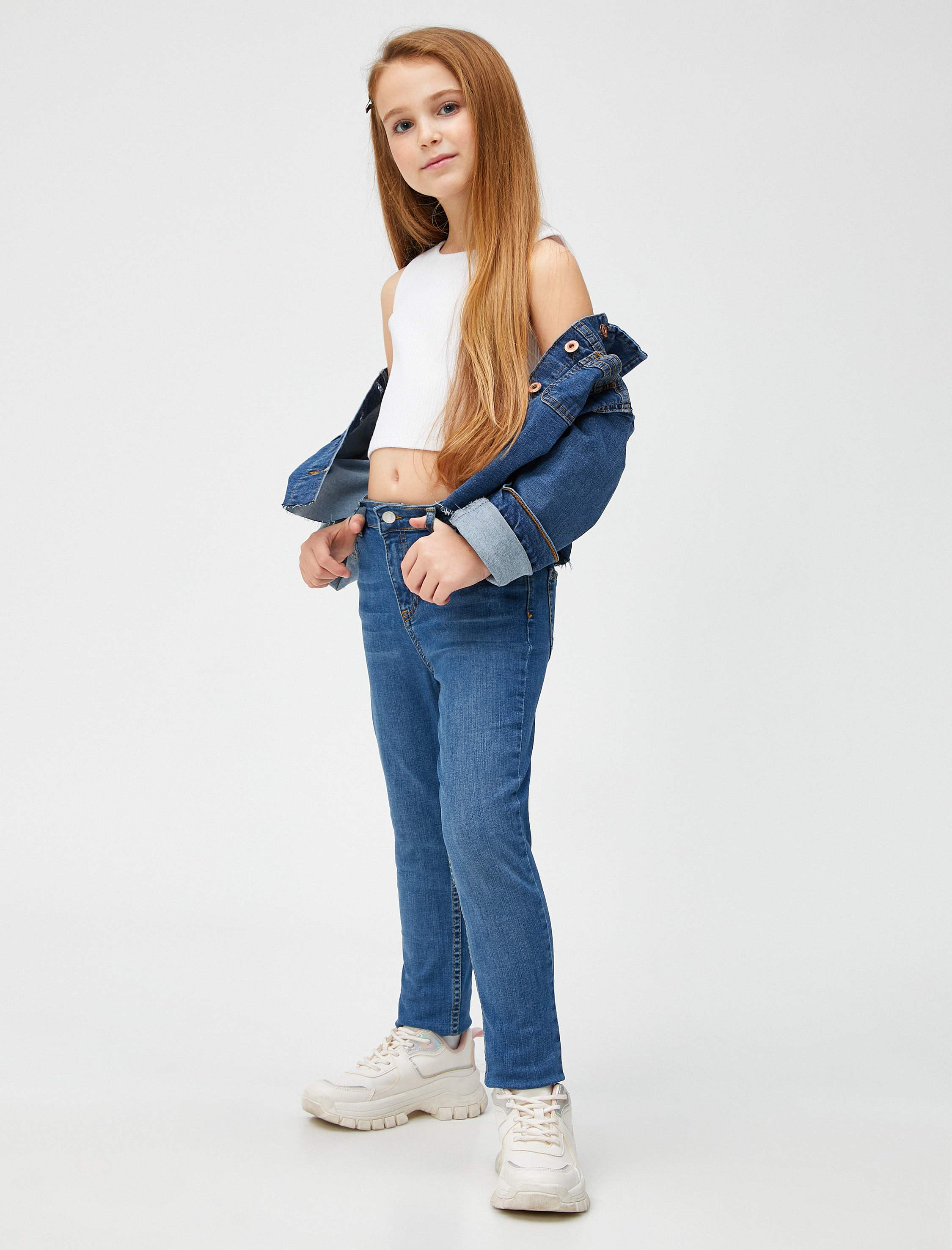 Kız Çocuk Dar Paça Kot Pantolon - Skinny Jean Beli Ayarlanabilir Lastikli
