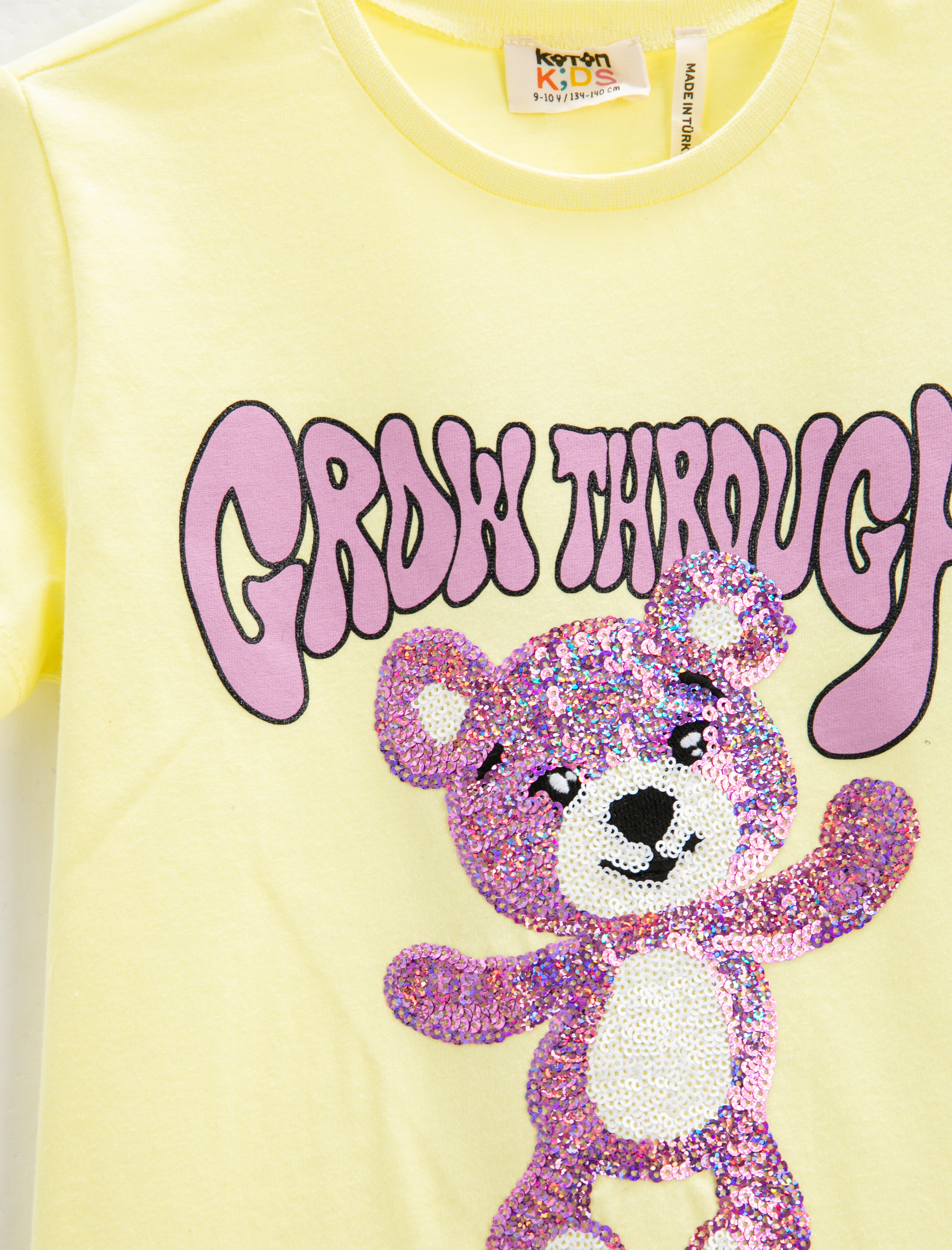  Kız Çocuk Tişört Ayıcık Baskılı Pul Payet İşlemeli Kısa Kollu