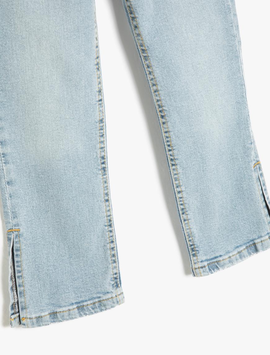  Kız Çocuk Kot Pantolon Yırtmaç Detaylı Cepli Pamuklu Beli Ayarlanabilir Lastikli - Slim Jean