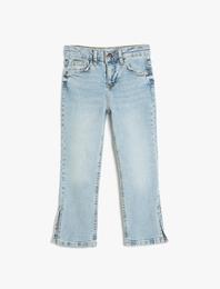 Kot Pantolon Yırtmaç Detaylı Cepli Pamuklu Beli Ayarlanabilir Lastikli - Slim Jean