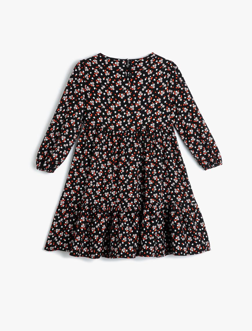  Kız Çocuk Elbise Çiçekli Uzun Kollu Manşetleri Lastikli Yuvarlak Yaka