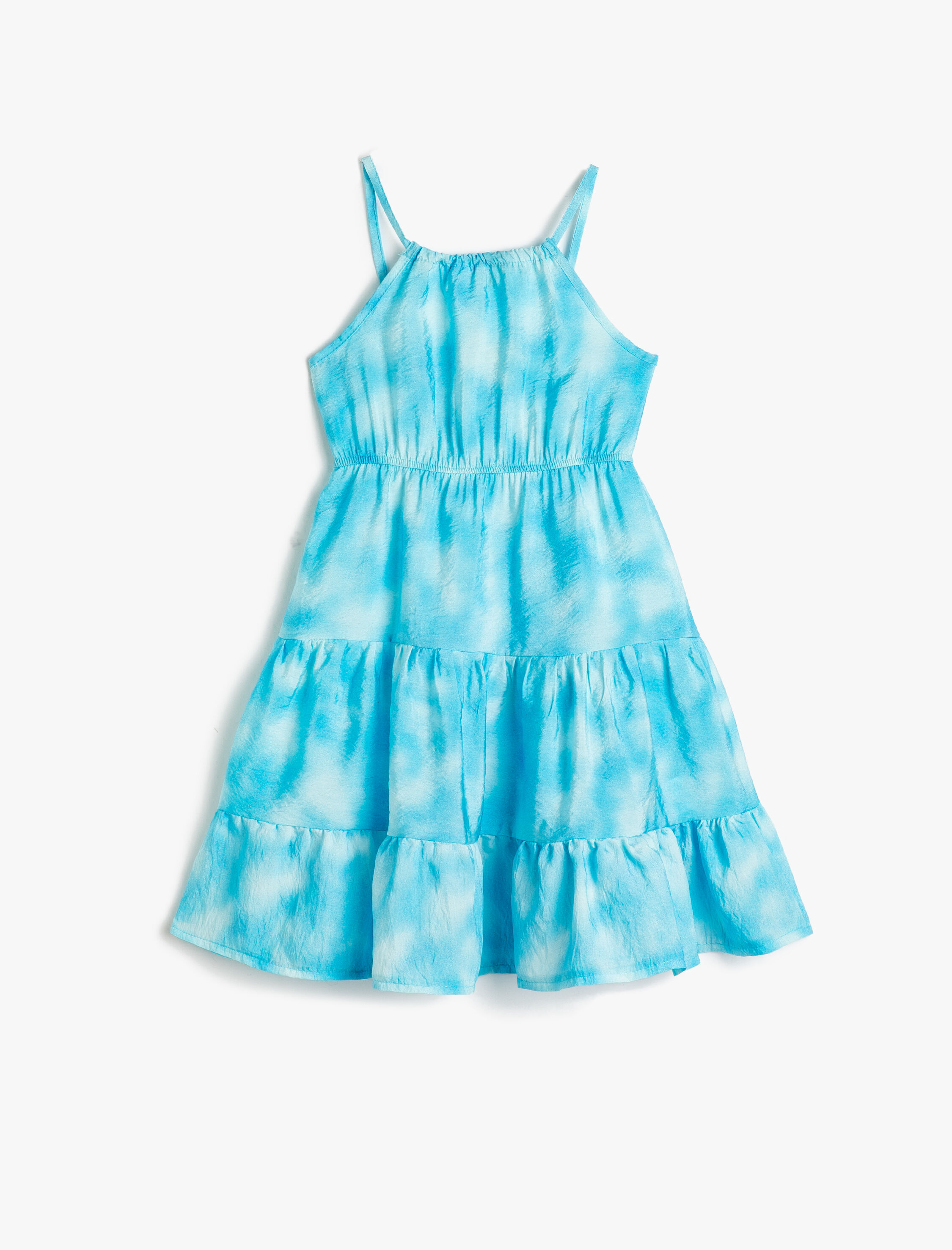  Kız Çocuk Elbise Midi Askılı Batik Desenli Katlı