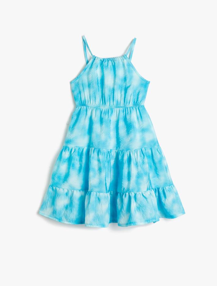 Kız Çocuk Elbise Midi Askılı Batik Desenli Katlı