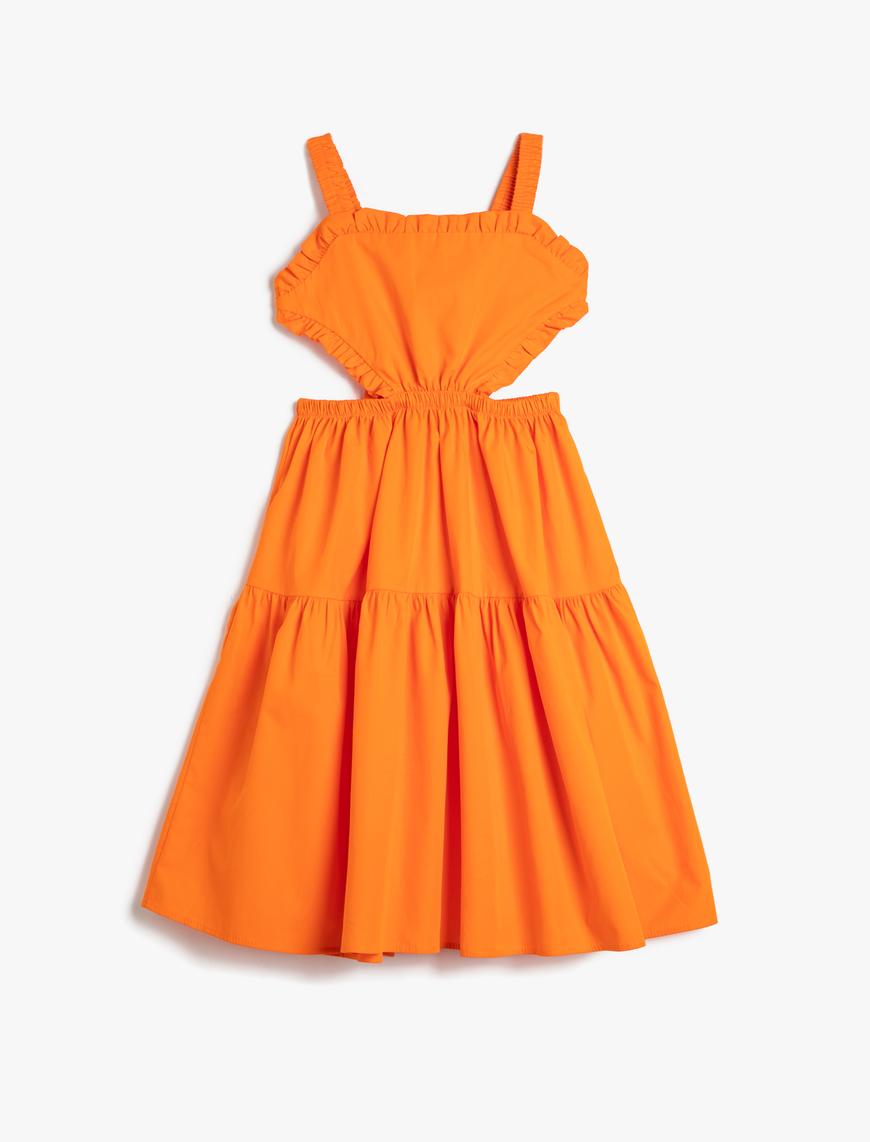  Kız Çocuk Elbise Midi Poplin Pencere Detaylı Askılı Fırfırlı Pamuklu