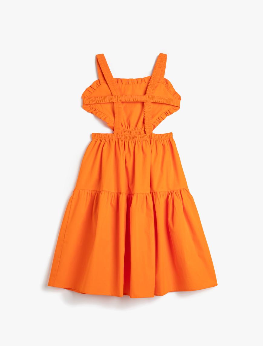  Kız Çocuk Elbise Midi Poplin Pencere Detaylı Askılı Fırfırlı Pamuklu
