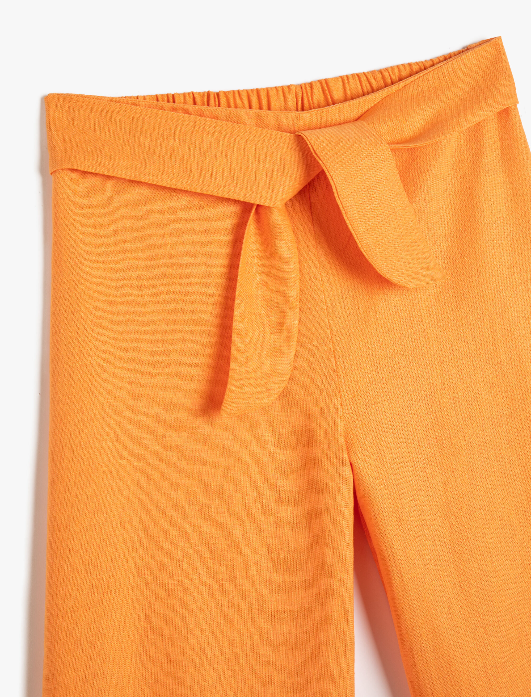  Kız Çocuk Keten Pantolon Bol Paça Kemer Detaylı Beli Lastikli