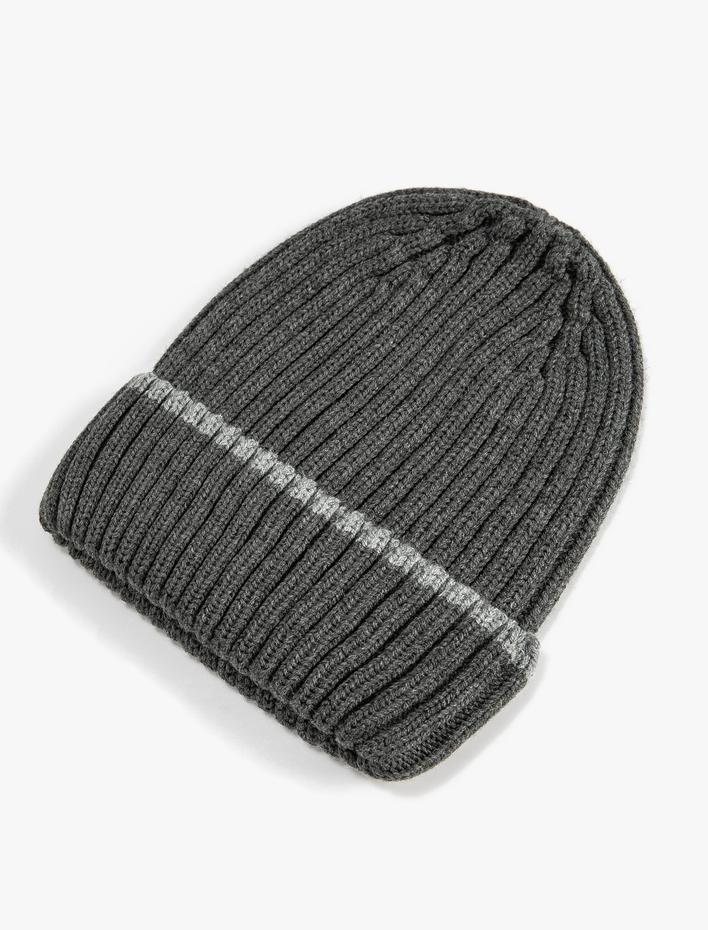 Erkek Akrilik Örgü Bere Katlamalı Şerit Detaylı