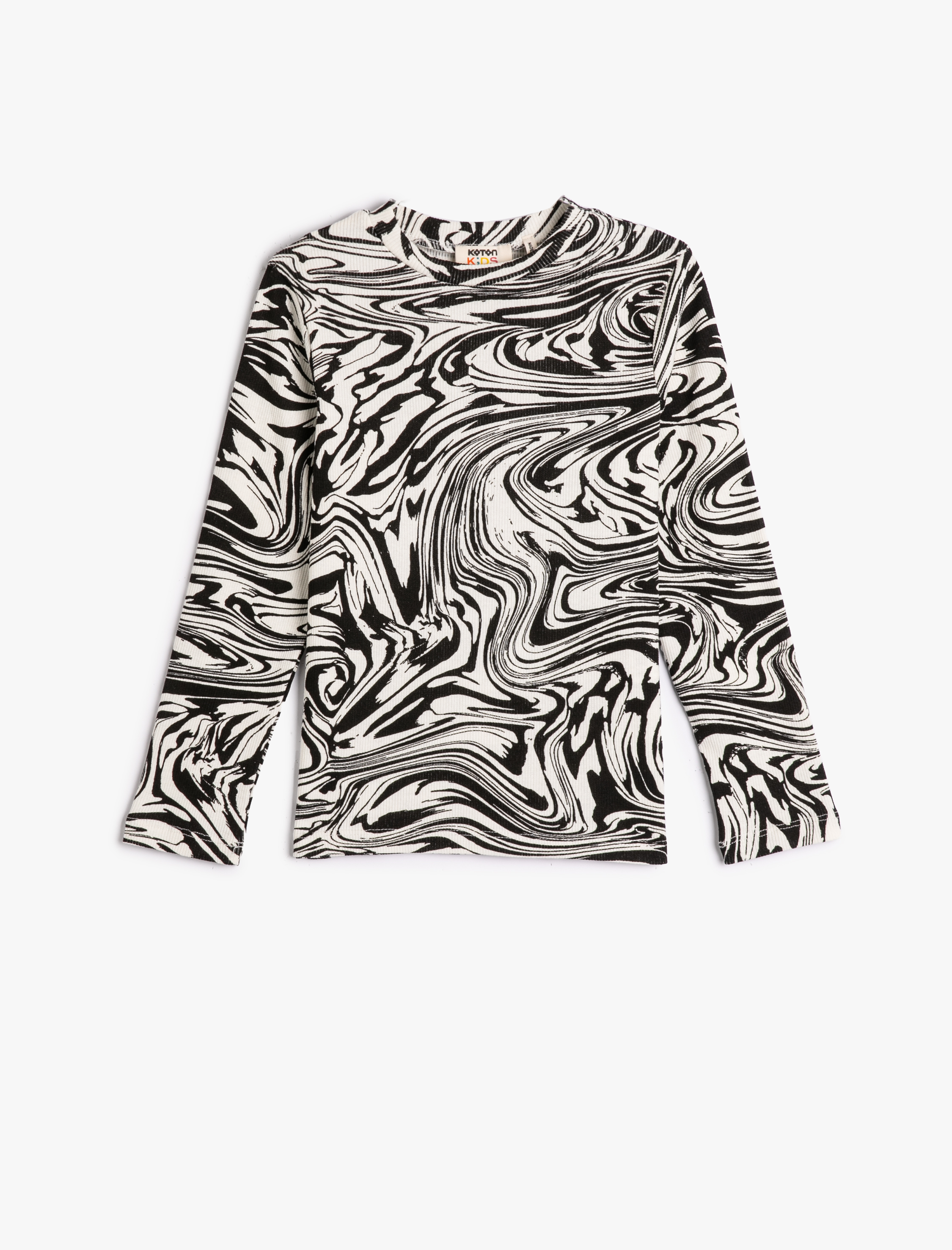  Kız Çocuk Tişört Soyut Desenli Uzun Kollu Bisiklet Yaka