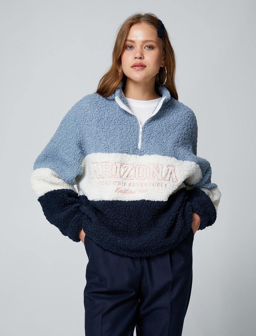   Peluş Oversize Sweatshirt Dik Yaka Fermuarlı Slogan İşlemeli