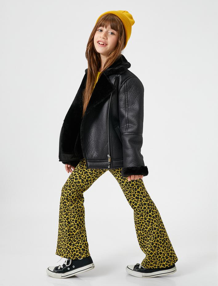 Kız Çocuk İspanyol Paça Pantolon Leopar Desenli Beli Lastikli