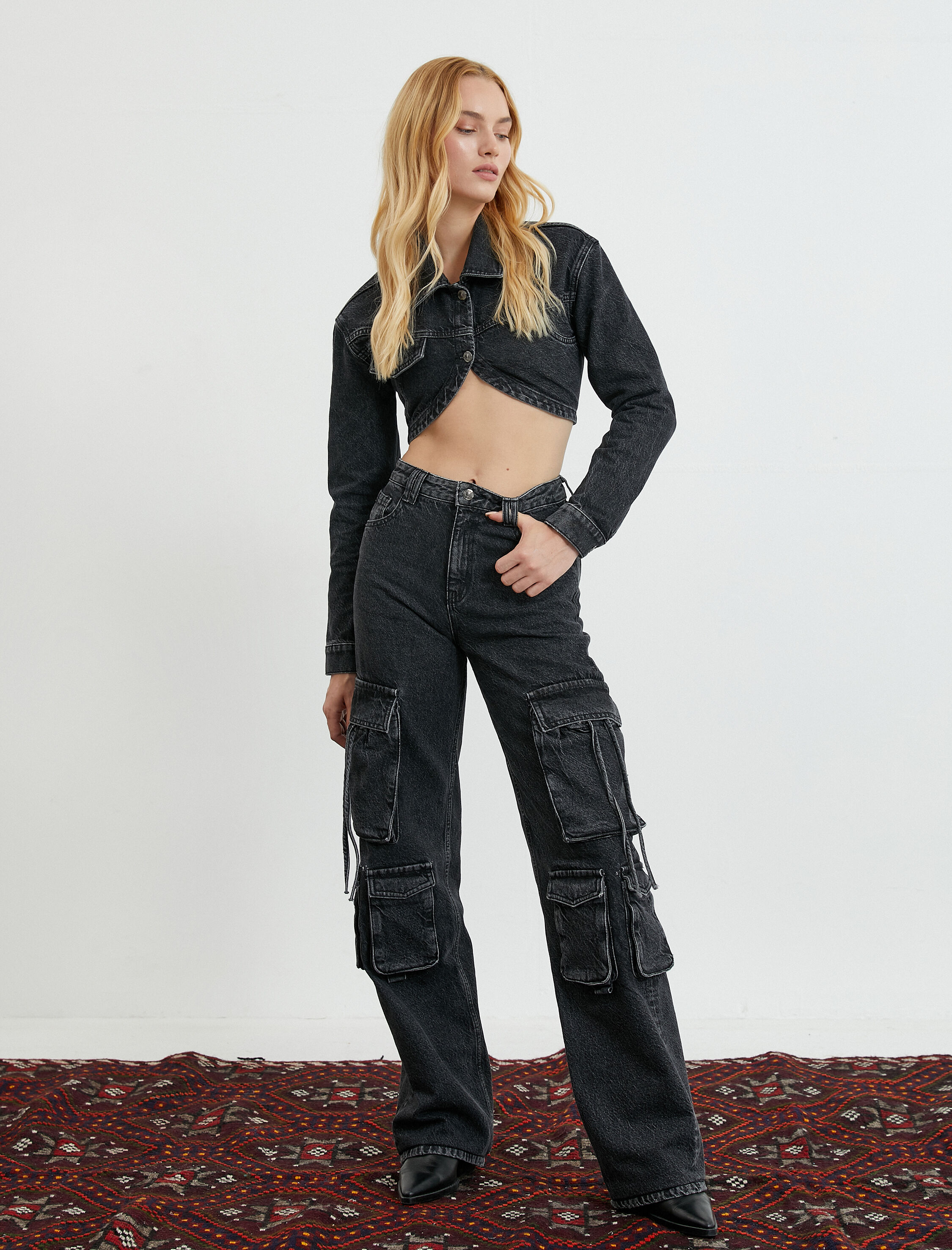   Crop Kot Ceket Slim Fit Asimetrik Kesim Pamuklu