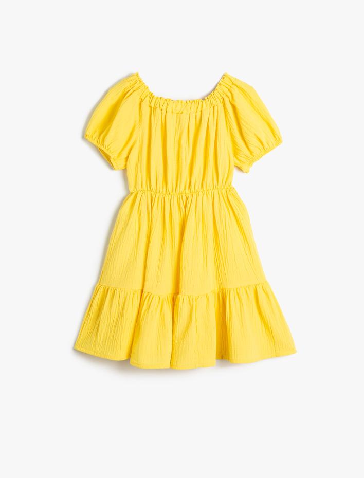 Kız Çocuk Elbise Midi Düşük Omuz Kısa Balon Kollu