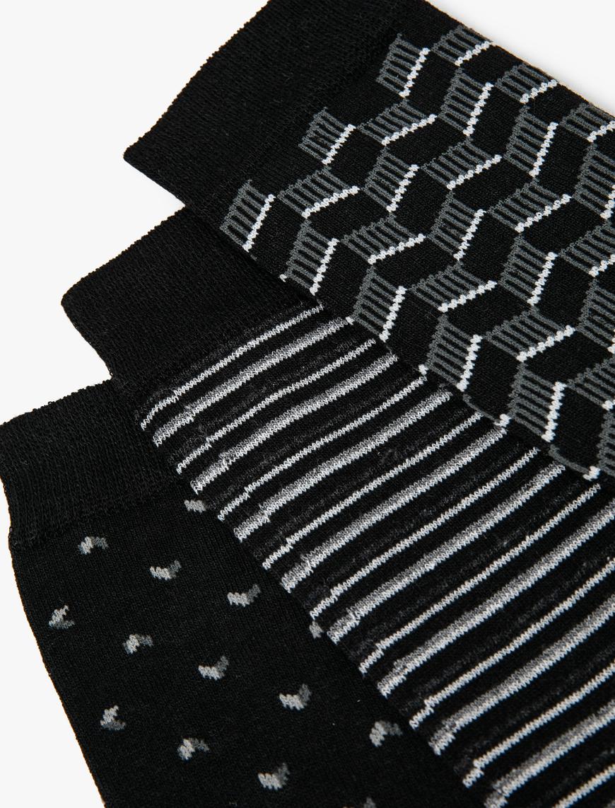  Erkek 3'lü Soket Çorap Seti Çok Renkli Geometrik Desenli