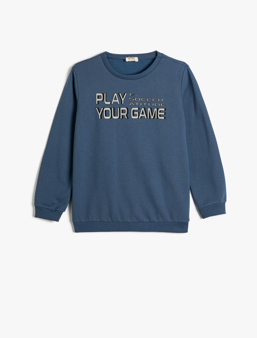  Erkek Çocuk Sweatshirt Uzun Kollu Bisiklet Yaka Slogan Baskılı Şardonlu