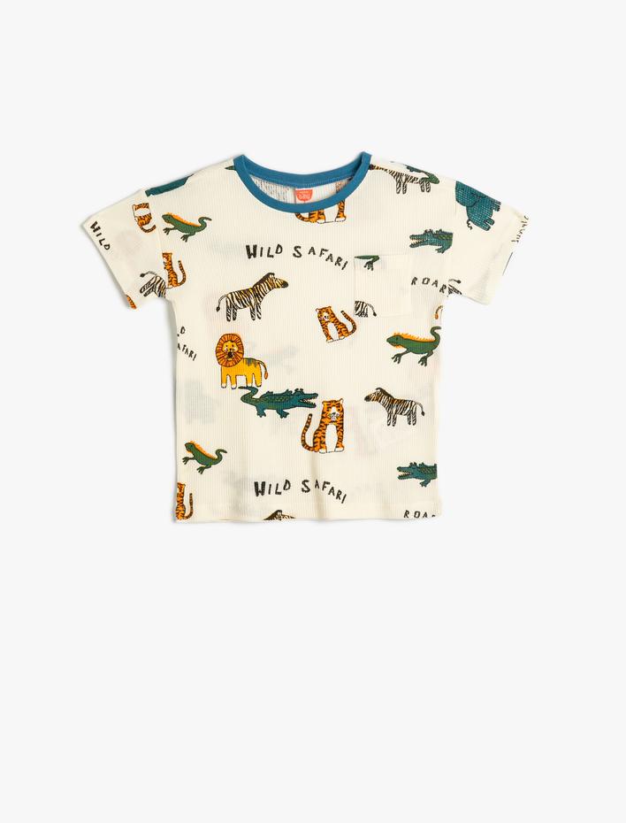 Erkek Bebek Tişört Kısa Kollu Bisiklet Yaka Hayvan Baskılı Pamuklu